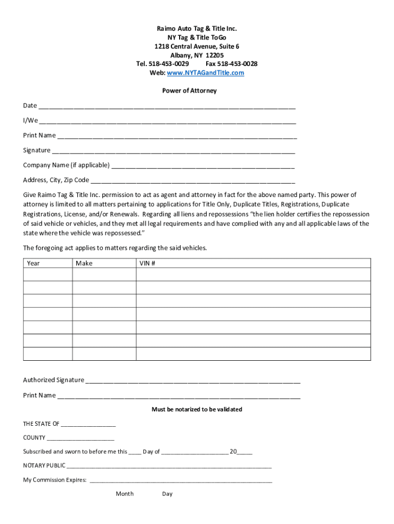 Fillable Online NY Tag and Title Power of Attorney Fax Email Print