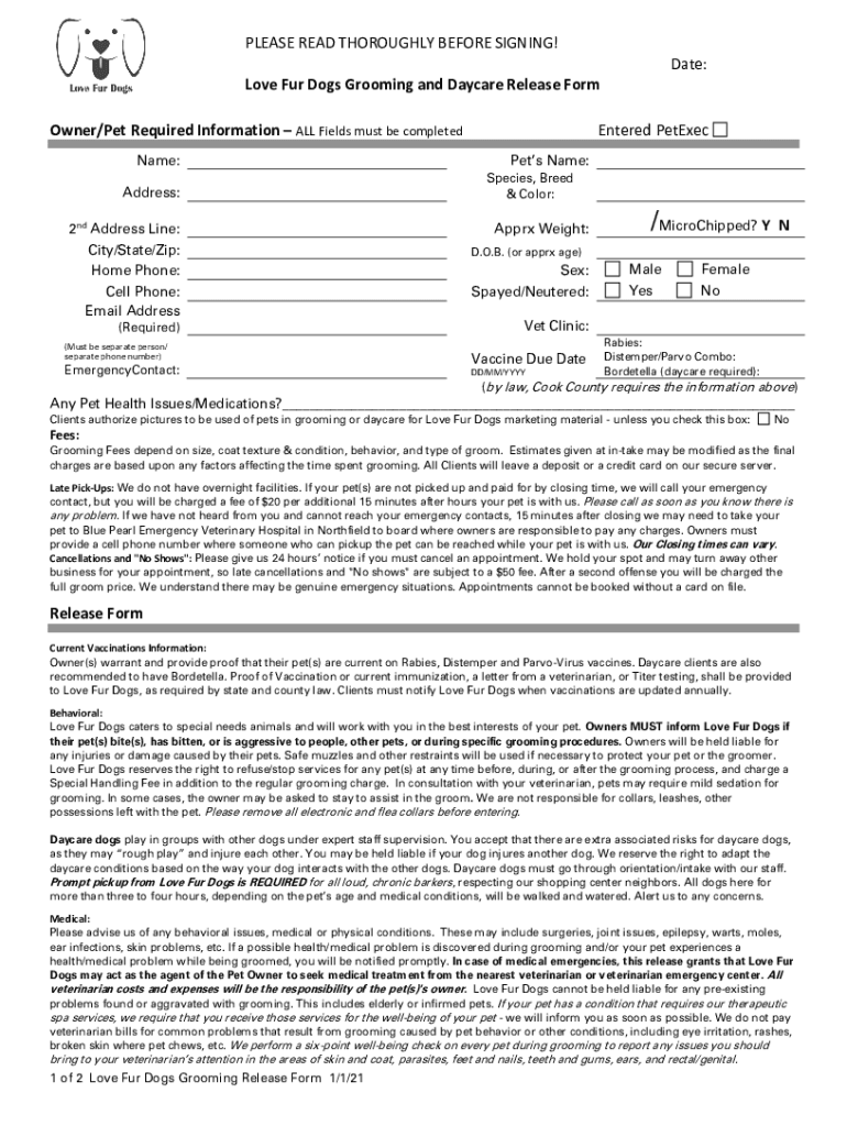 Fillable Online Love Fur Dogs Grooming and Daycare Release Form Fax