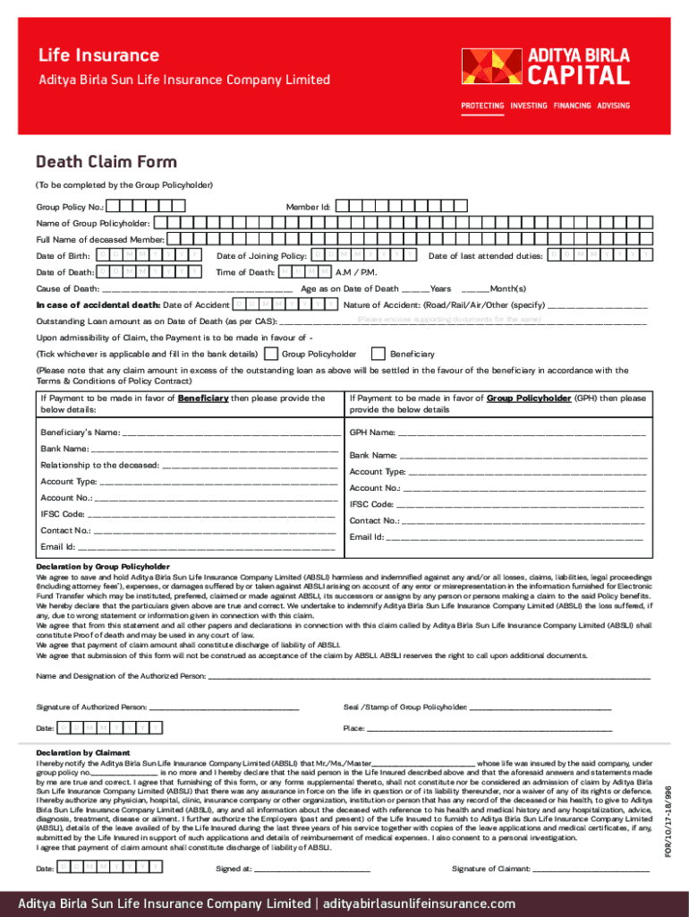 Fillable Online Group Death Claim Form For ABSLAMC Aditya Birla Capital Fax Email Print