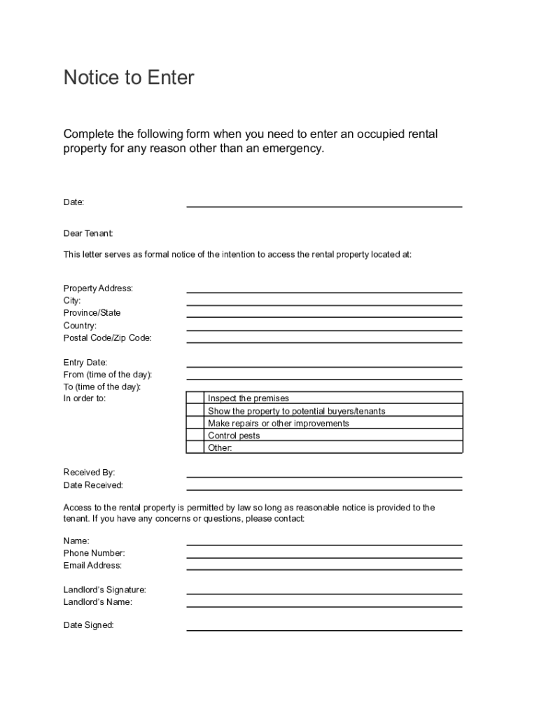 Fillable Online State Laws on Landlord's Access to Rental Property