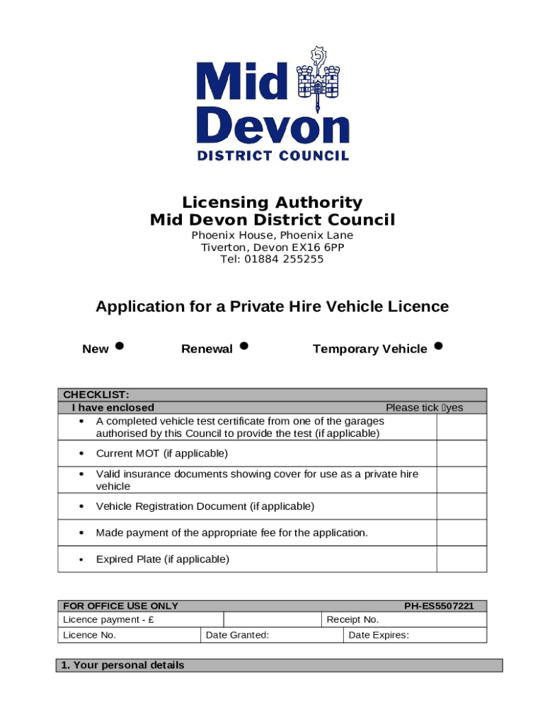 Apply for a private hire vehicle licence East Devon Doc Template