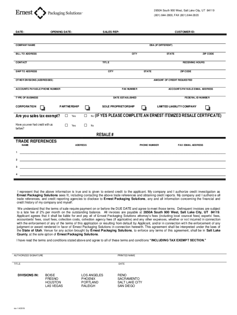 Fillable Online Credit Application Ernest Packaging Fax Email Print