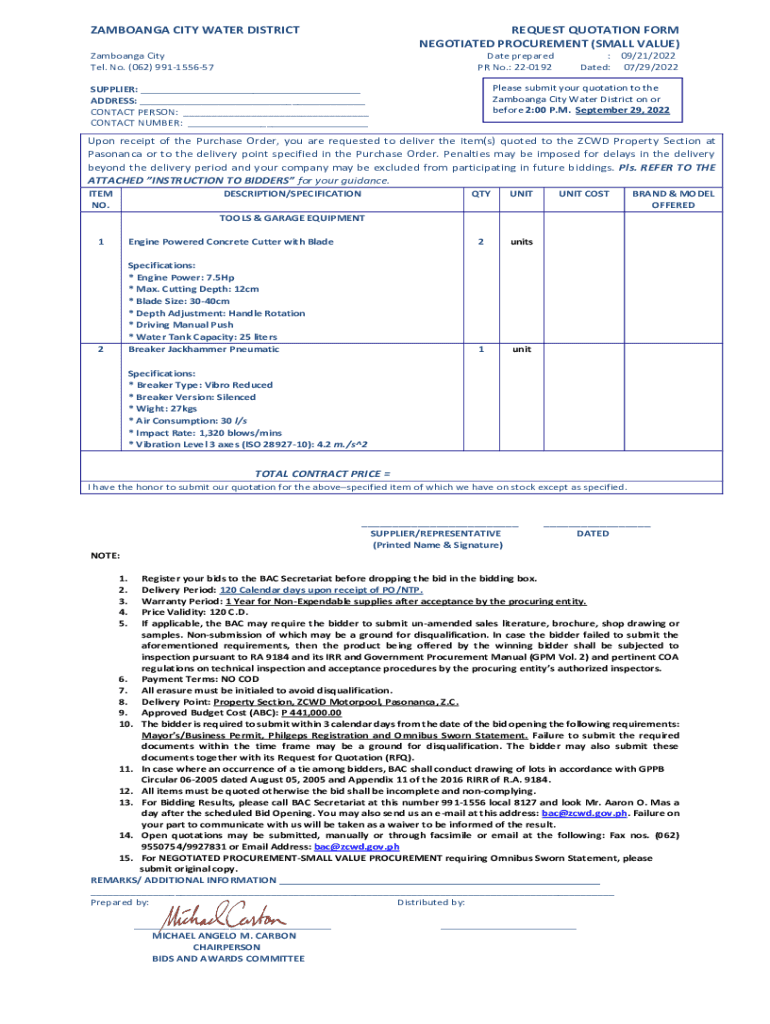 Fillable Online zcwd gov 220192Rebid.pdf Zamboanga City Water