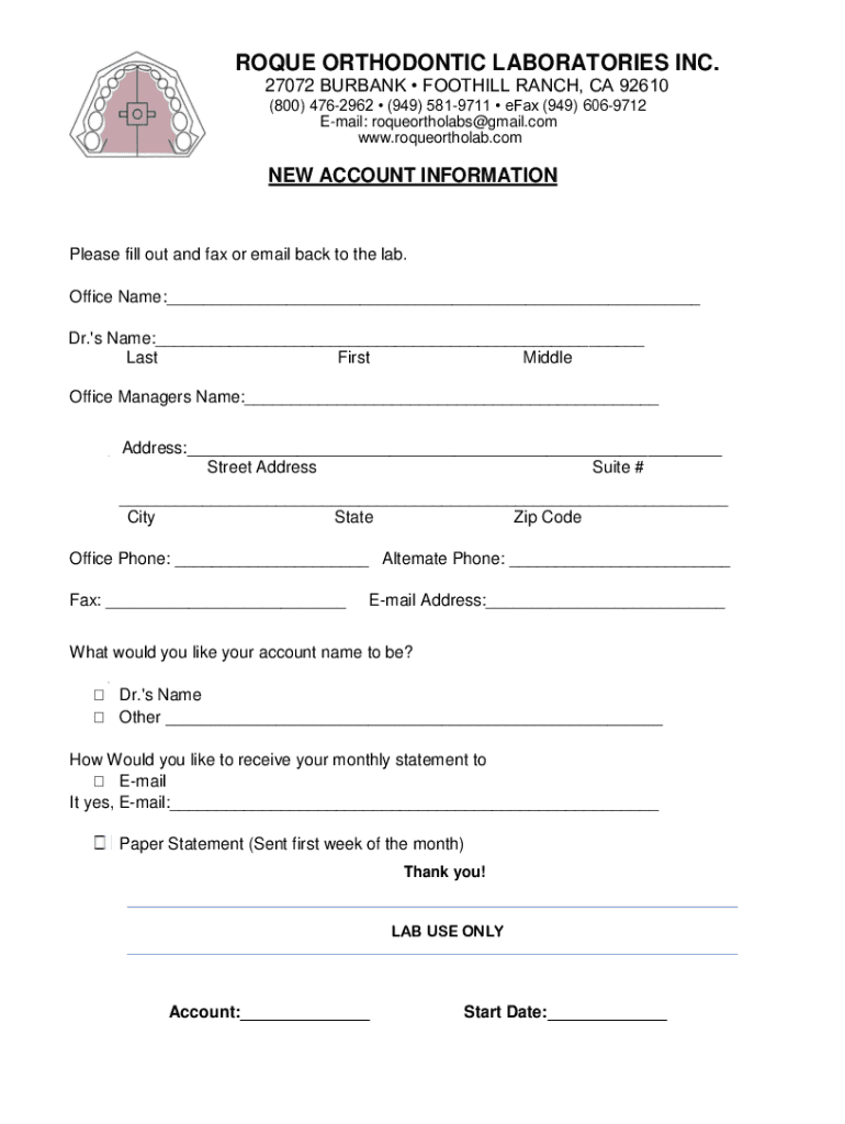 Fillable Online Orthodontic Laboratory in Foothills Ranch, CARoque