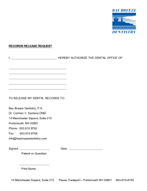 Fillable Online Dental Record Release Form for New Patients Fax Email