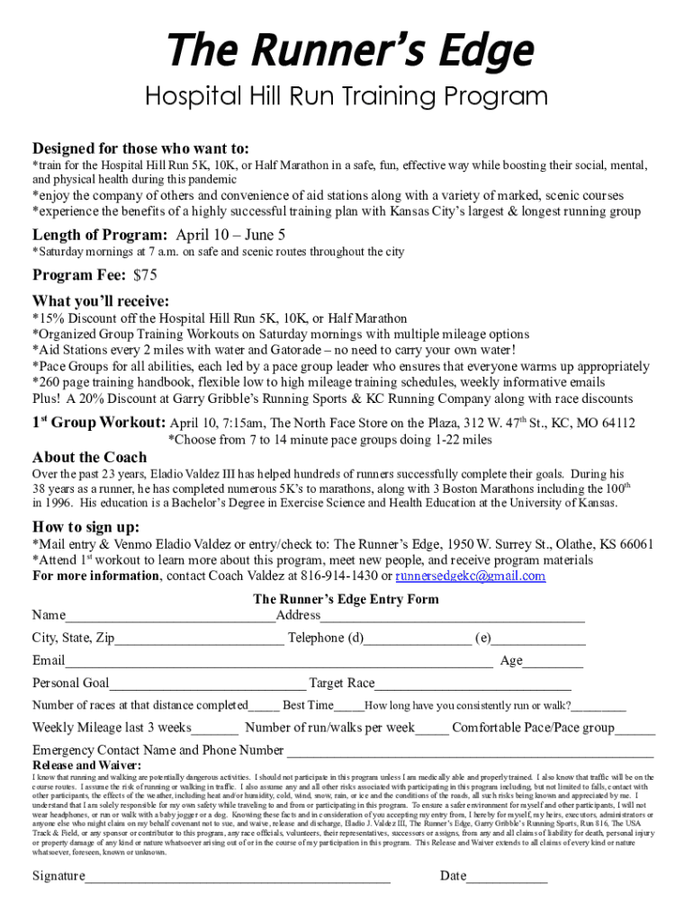 Fillable Online Eladio (The Runner's Edge) Paid Hospital Hill Training