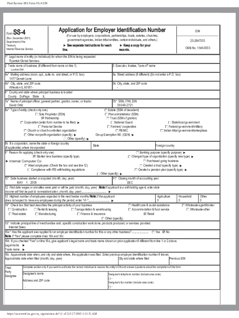 Fillable Online Form SS 4 & Employer Identification Number (EIN) 2