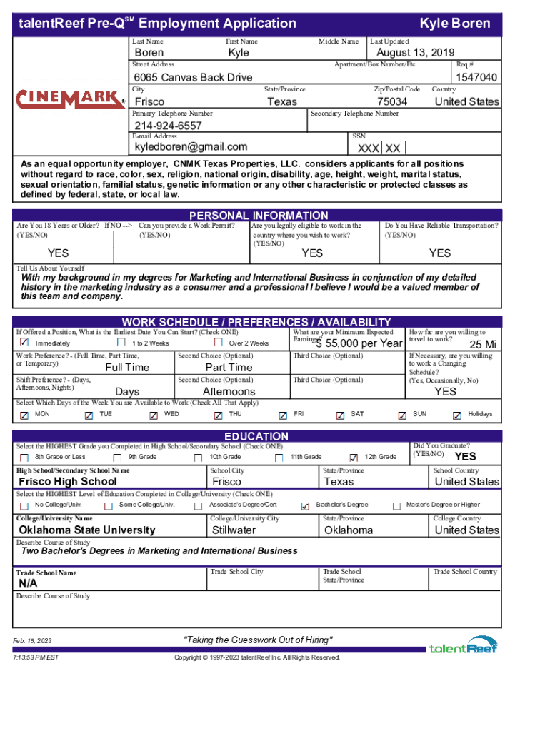 Fillable Online talentReef PreQSM Employment Application Kyle Boren