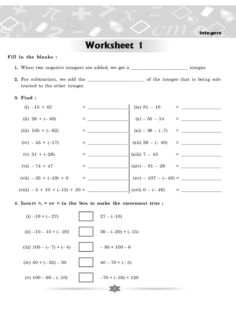 Fillable Online Grade 6 Integers Worksheets - free & printable - K5