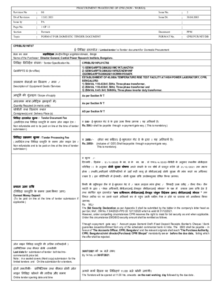Fillable Online Tender document for Domestic Procurement Fax Email