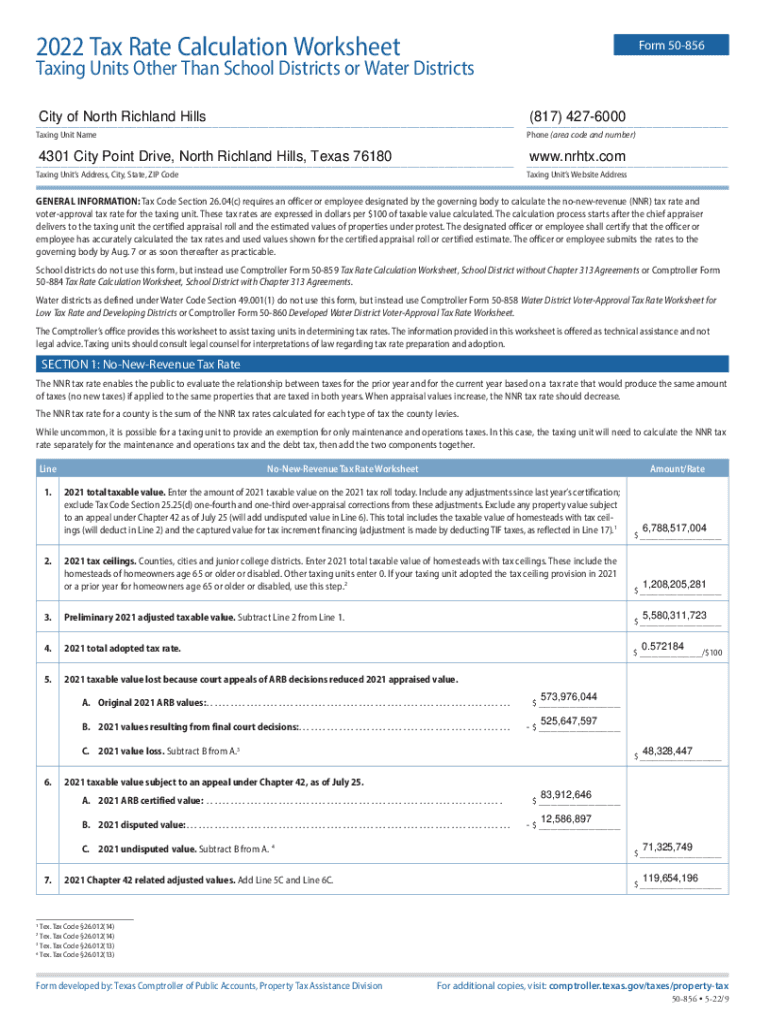 Fillable Online 2022 Tax Rate Calculation Worksheet North Richland