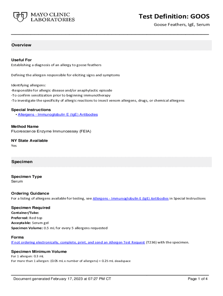 Fillable Online Goose Feather Allergy IgE Blood Test WalkIn Lab Fax
