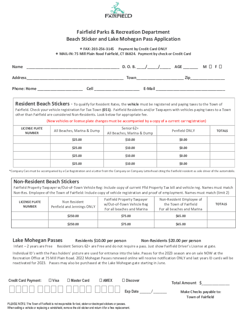 Fillable Online Beach Sticker and Lake Mohegan Pass Application Fax