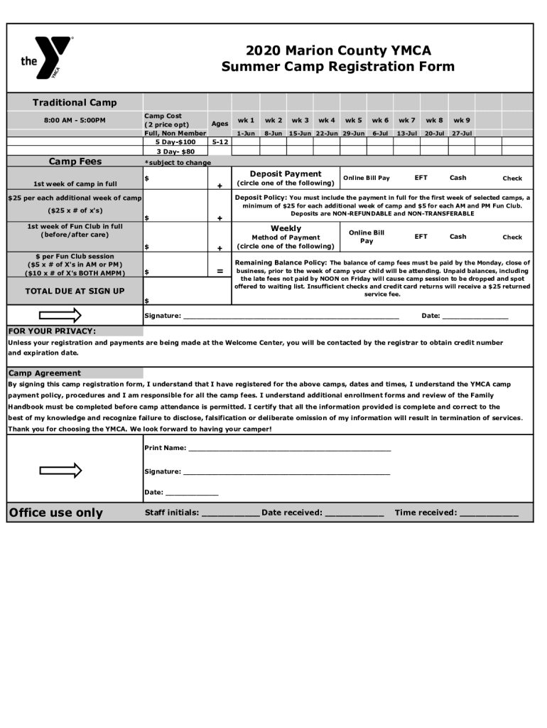Fillable Online 2020 Marion County YMCA Summer Camp Registration Form