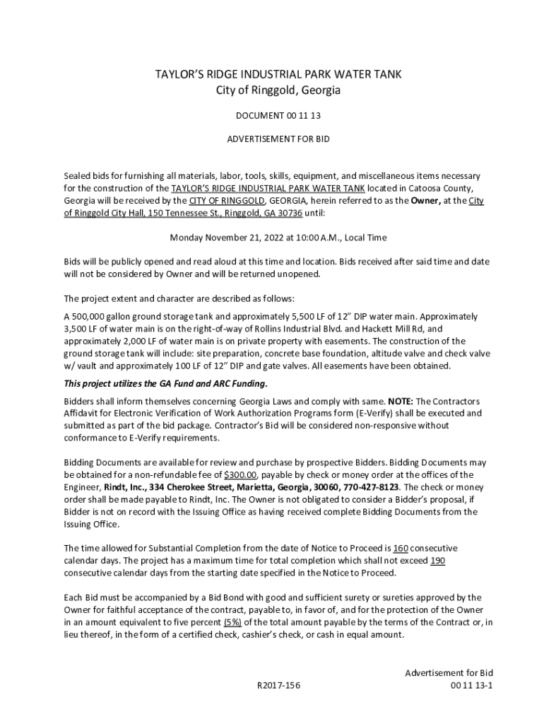 Fillable Online taylors ridge industrial park water tank City of