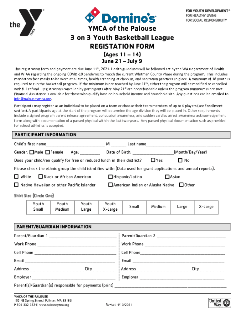 Fillable Online YMCA of the Palouse 3 on 3 Youth Basketball League