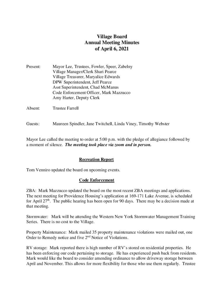 Fillable Online Mayor Lee, Trustees, Fowler, Gates, Speer, Zabelny Village Fax Email Print