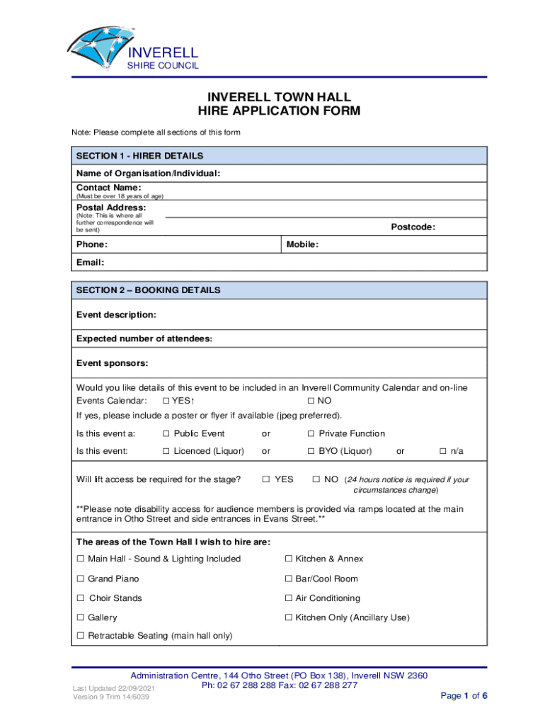 Fillable Online Inverell Town Hall Hire Application Form Fax Email