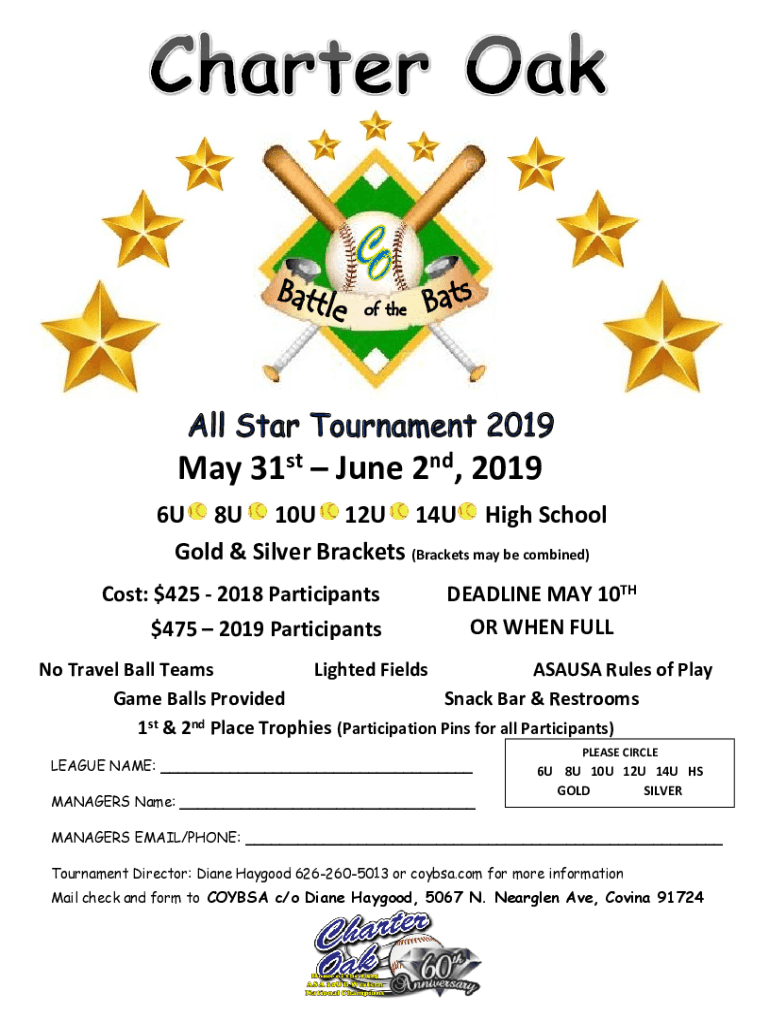 Fillable Online All Stars Charter Oak Youth Baseball and Softball