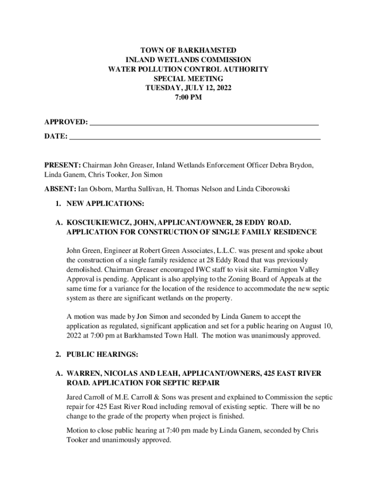 Fillable Online town of barkhamsted inland wetlands commission water