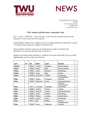Twu Deans List Fall 2023 Fillable Online Twu 13-Fall 12 Dean's List - Twu Fax Email Print - Pdffiller