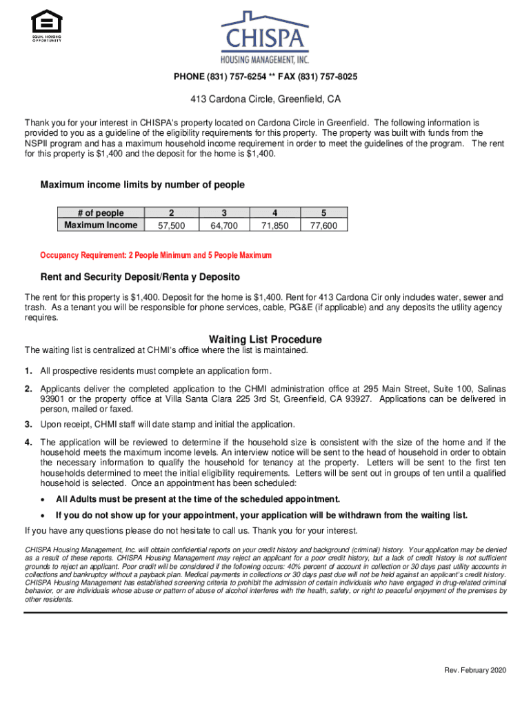 Fillable Online 413 Cardona Circle, Greenfield, CA CHISPA Fax Email