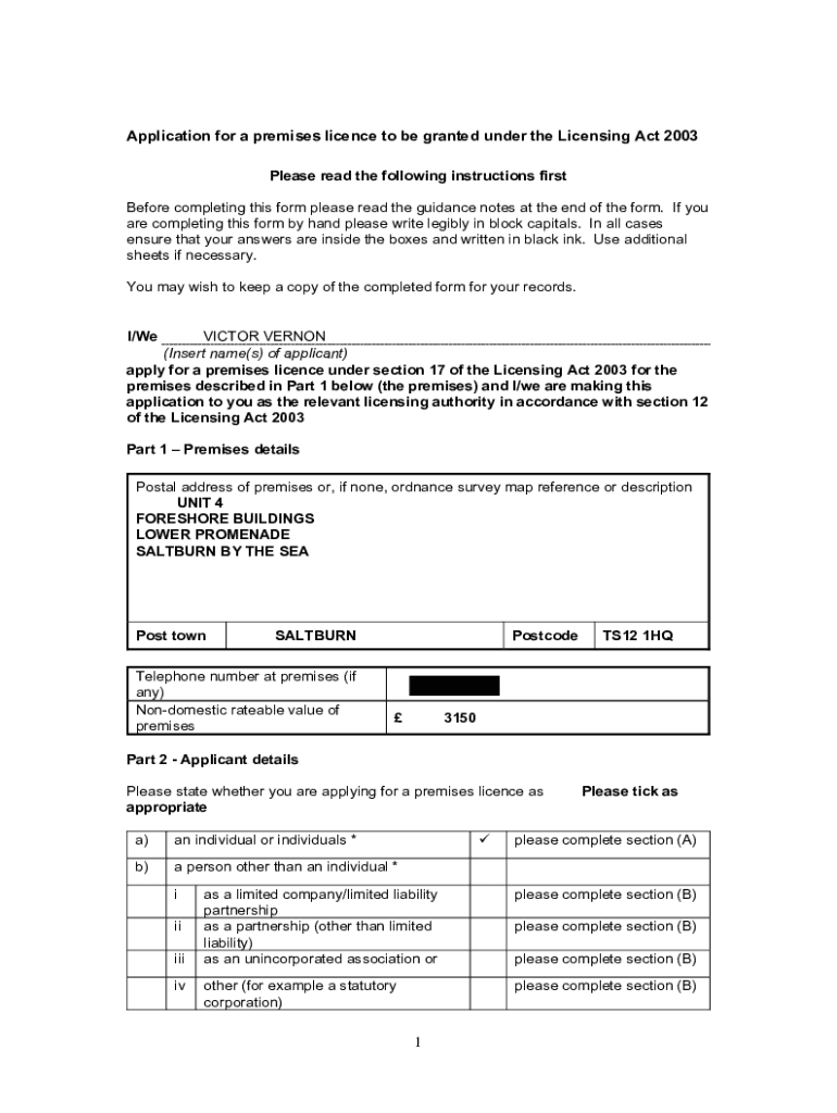 Fillable Online Licensing Act 2003 Application for the grant of a