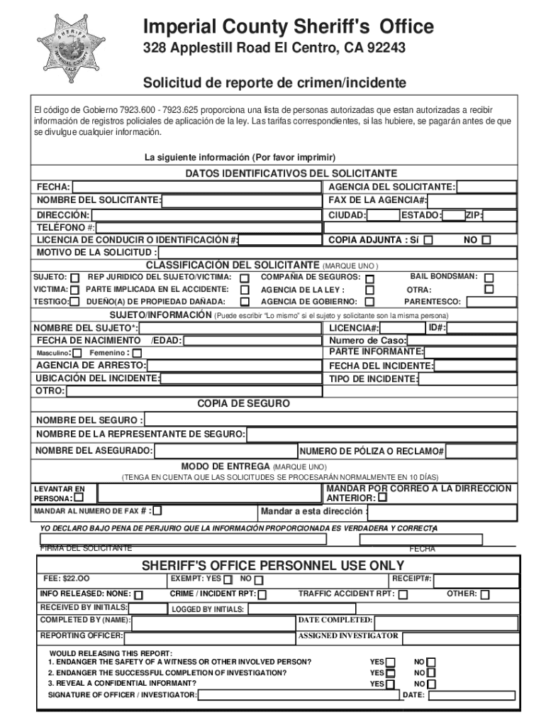 Completable En línea Imperial County Sheriff's Office California