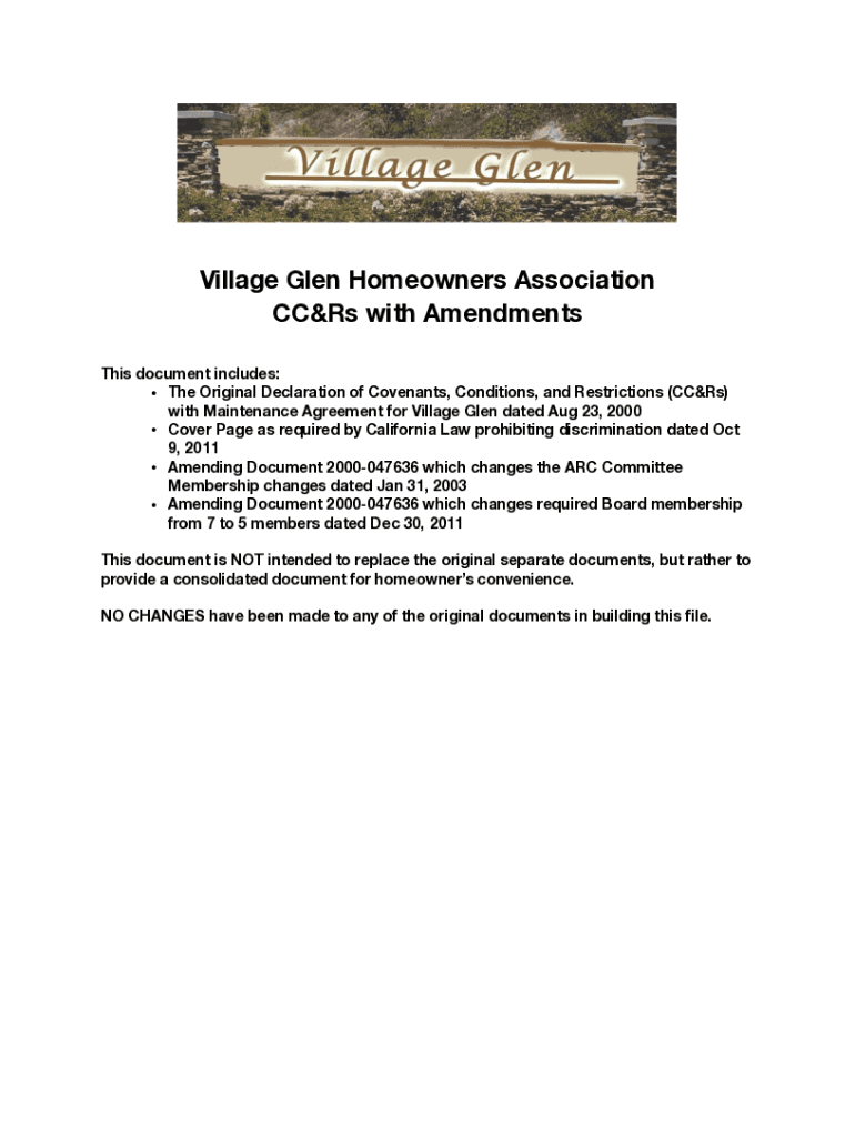 Fillable Online Village Glen Homeowners Association CC&Rs with Fax