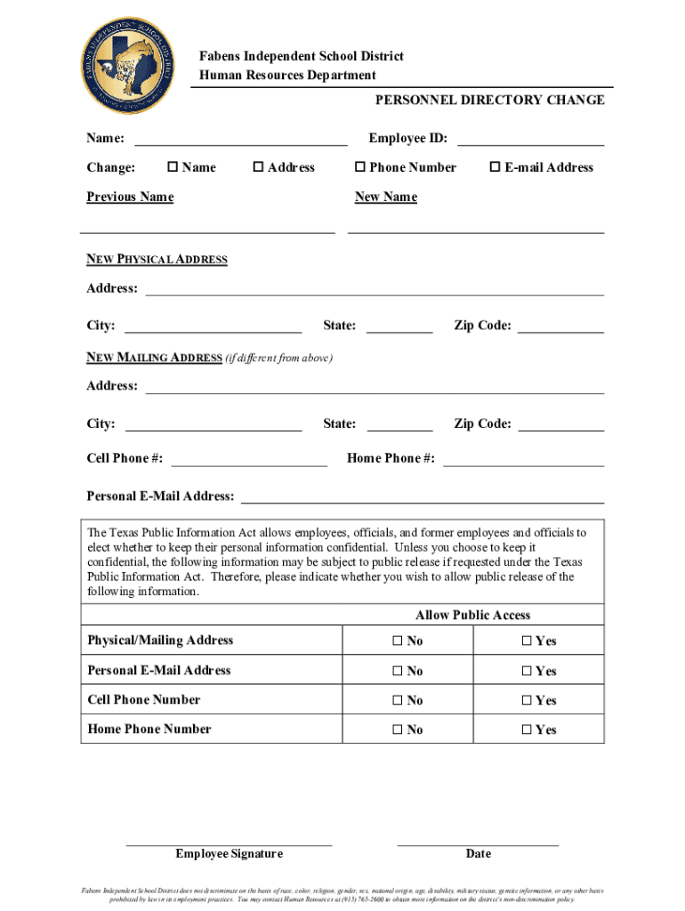 Fillable Online Human Resources / Department Staff Fabens ISD Fax
