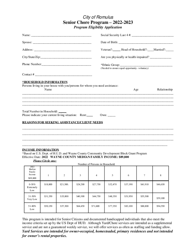 Fillable Online City of Romulus Senior Chore Program 20222023 Fax