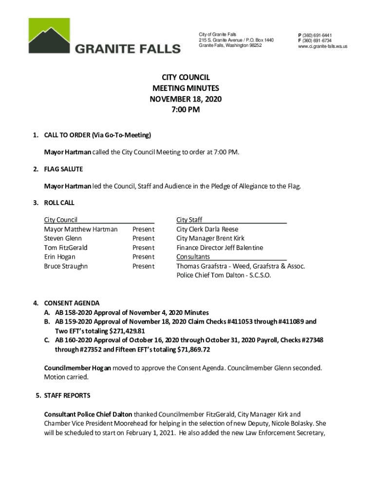 Fillable Online ci granitefalls wa Administrative Session Held at