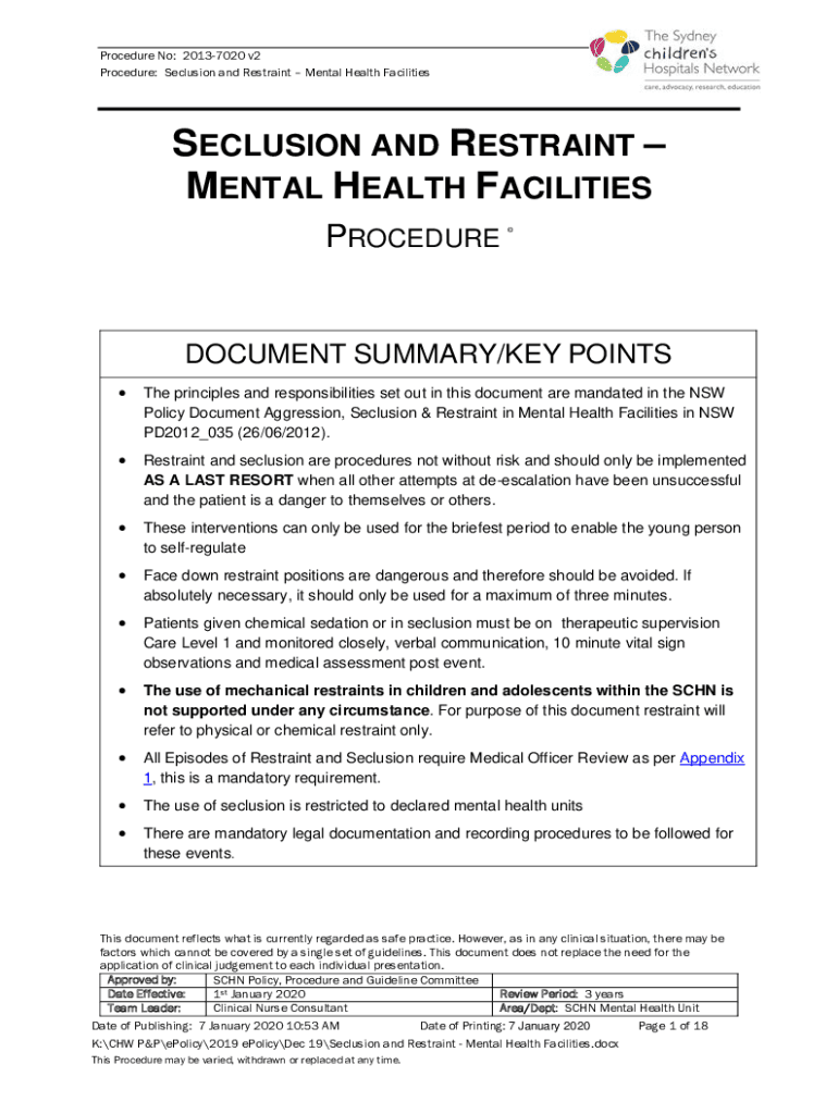 Fillable Online Restraint and Seclusion State Policies for Psychiatric