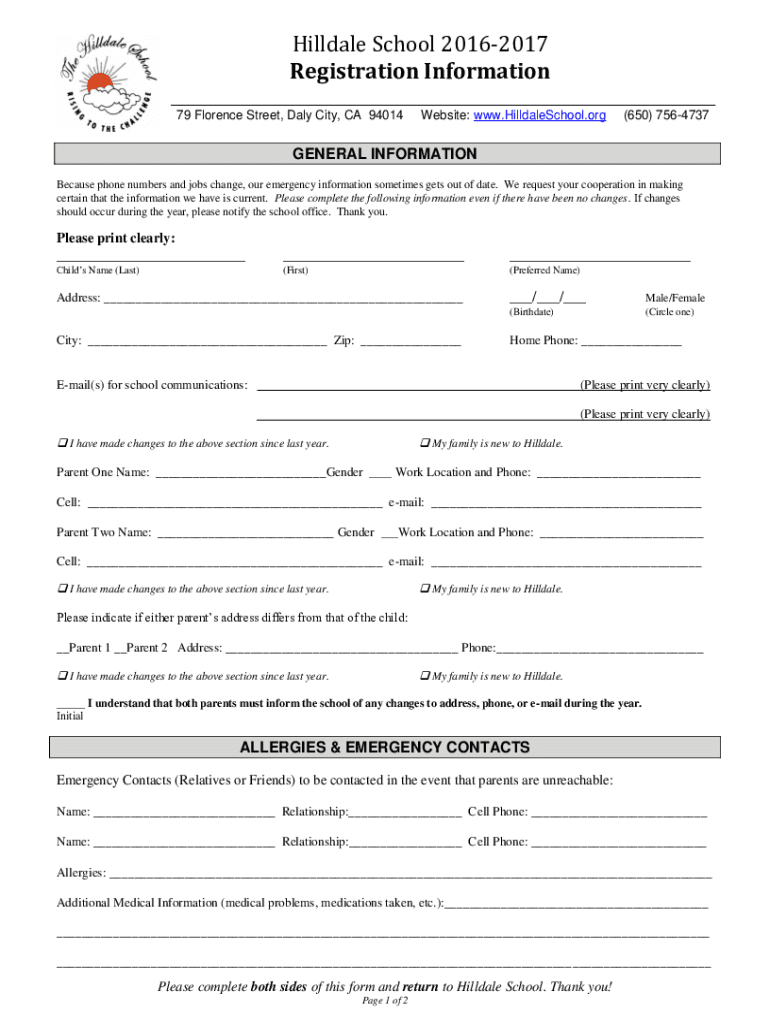 Fillable Online Application ProcessAdmissions Hilldale School Fax