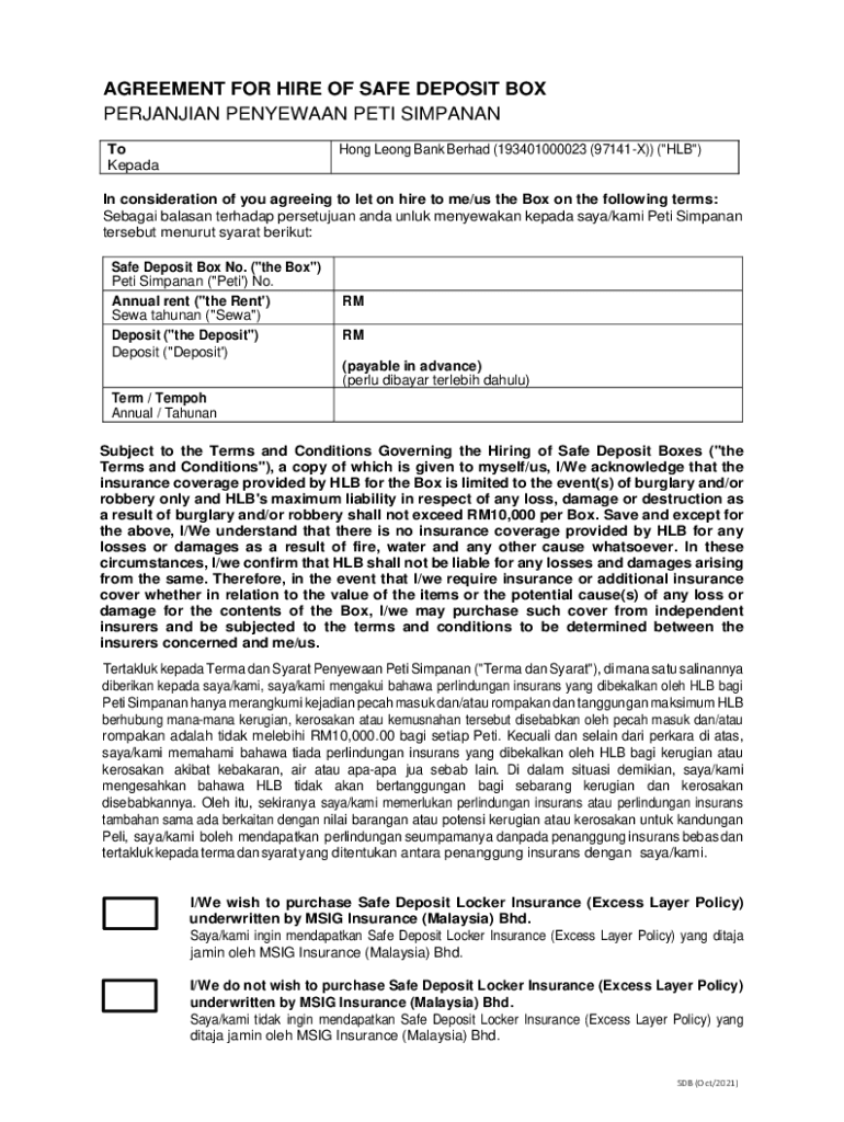 Fillable Online Agreement for Hire of Safe Deposit Box Hong Leong