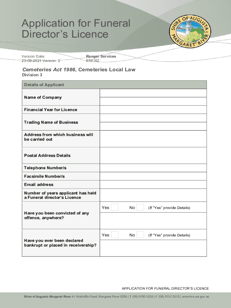 Fillable Online Funeral Director's Licence Application Form Fax Email