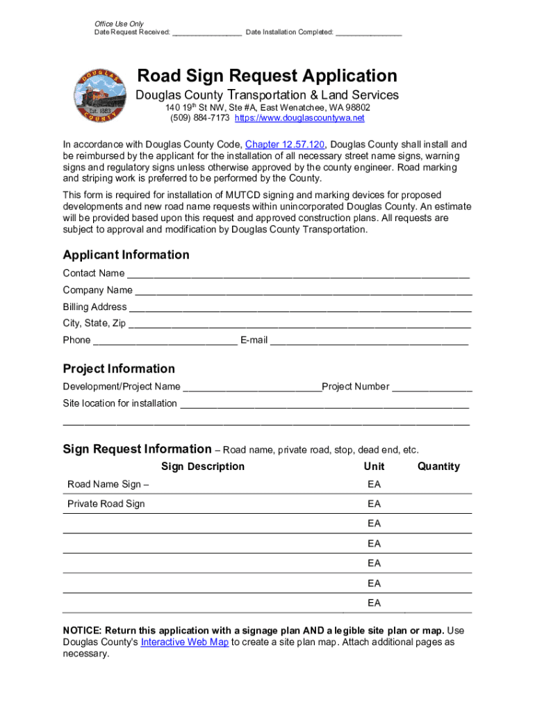 Fillable Online Road Sign Request Application Douglas County, WA Fax