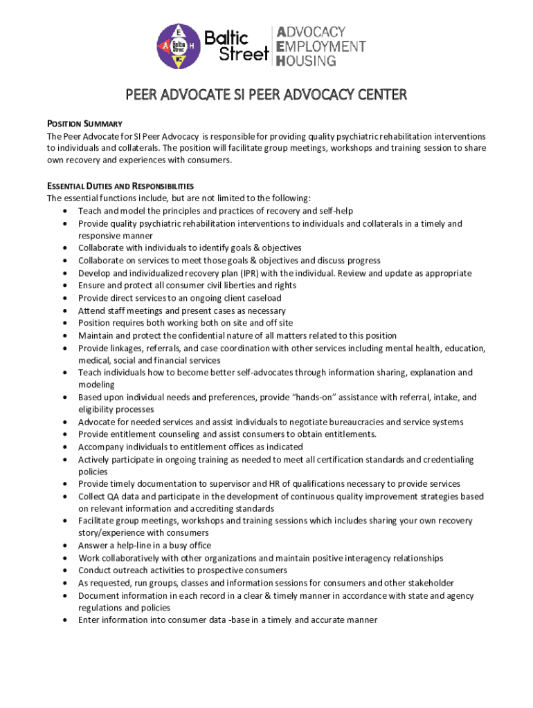 Fillable Online Sample Peer Advocate Job Description TargetHIV Fax