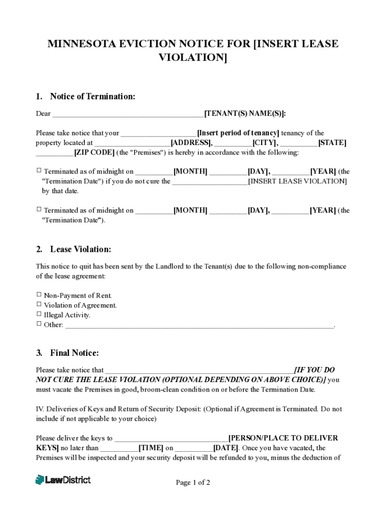 Fillable Online MINNESOTA EVICTION NOTICE FOR INSERT LEASE VIOLATION Fax Email Print pdfFiller