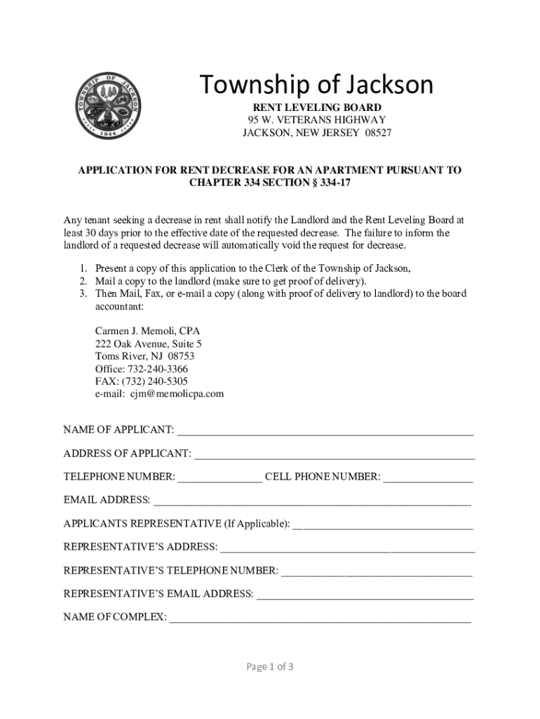 Fillable Online Township of Jackson, NJ Rent Control for Apartments and
