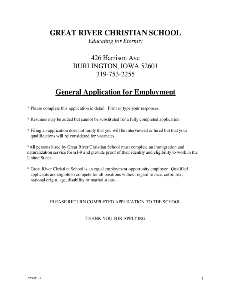 Fillable Online Great River Christian School careers in Burlington, IA