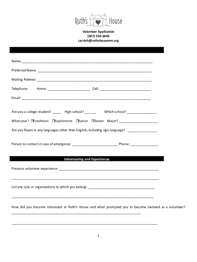 Fillable Online Volunteer Application.docx Faribault Ruth's House