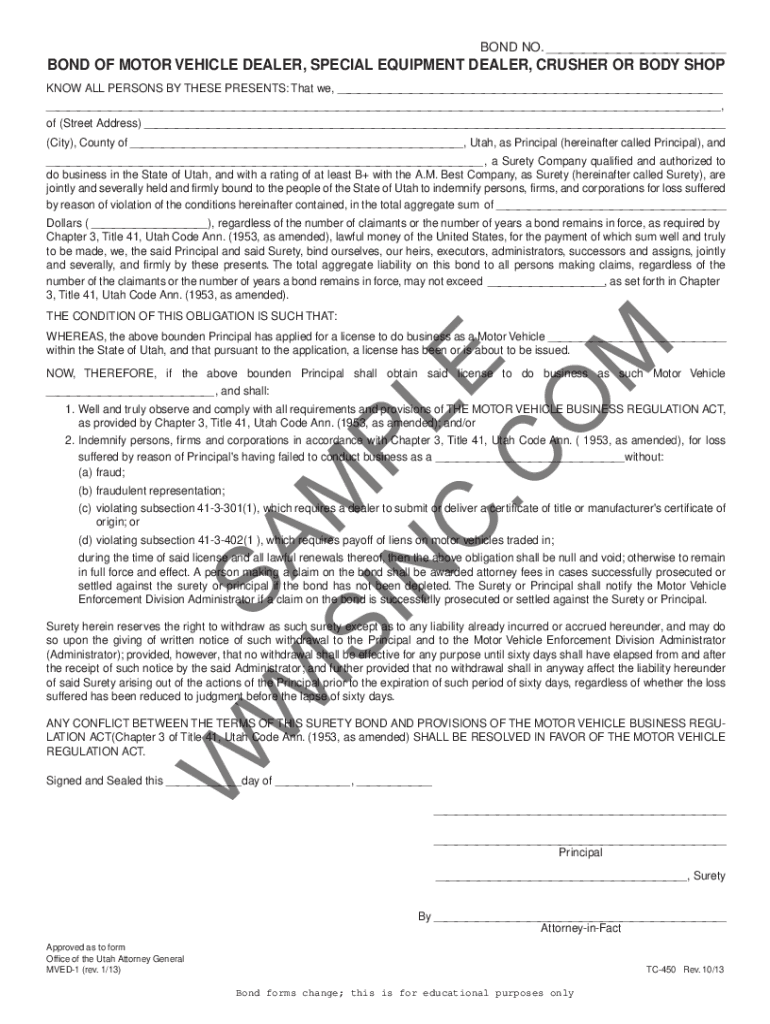 Fillable Online Surety Bonds for a Utah Motor Vehicle Dealer License