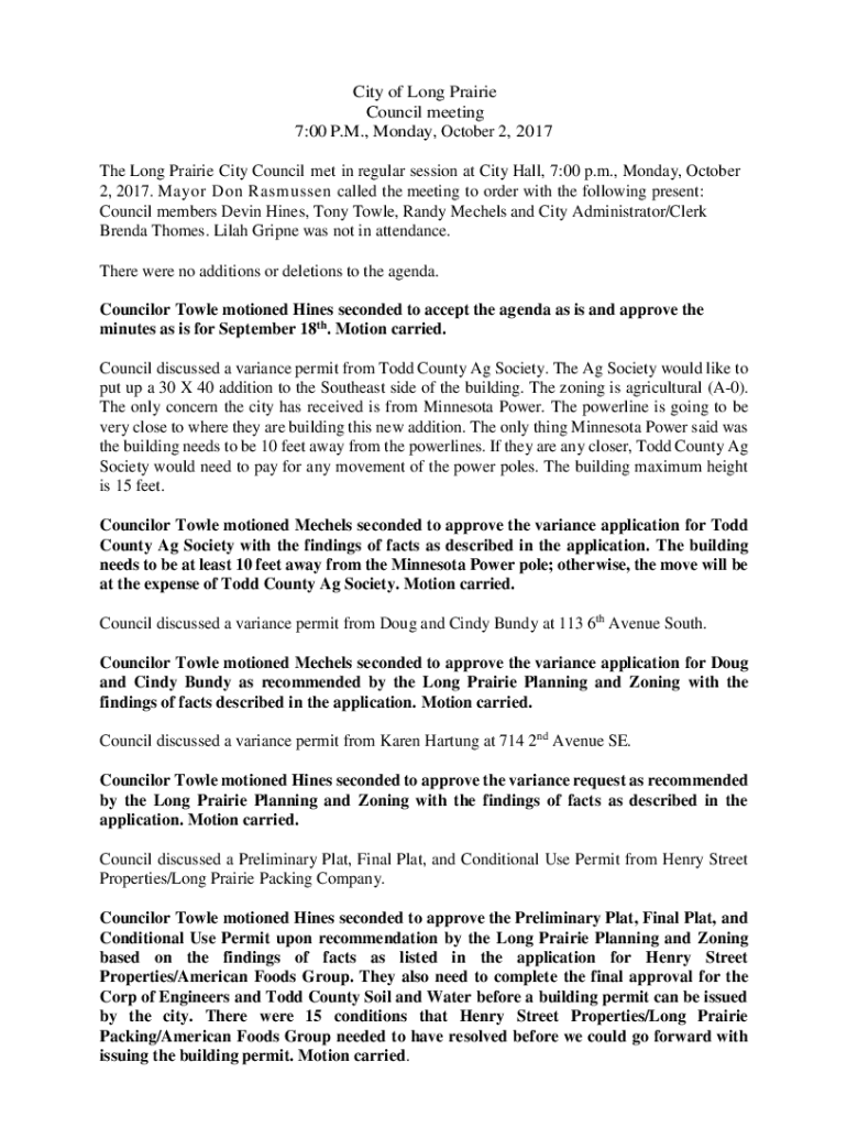 Fillable Online Council members Devin Hines, Tony Towle, Randy Mechels