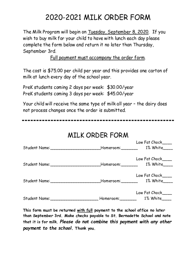 Fillable Online MILK ORDER FORM St. Bernadette School Fax Email Print pdfFiller