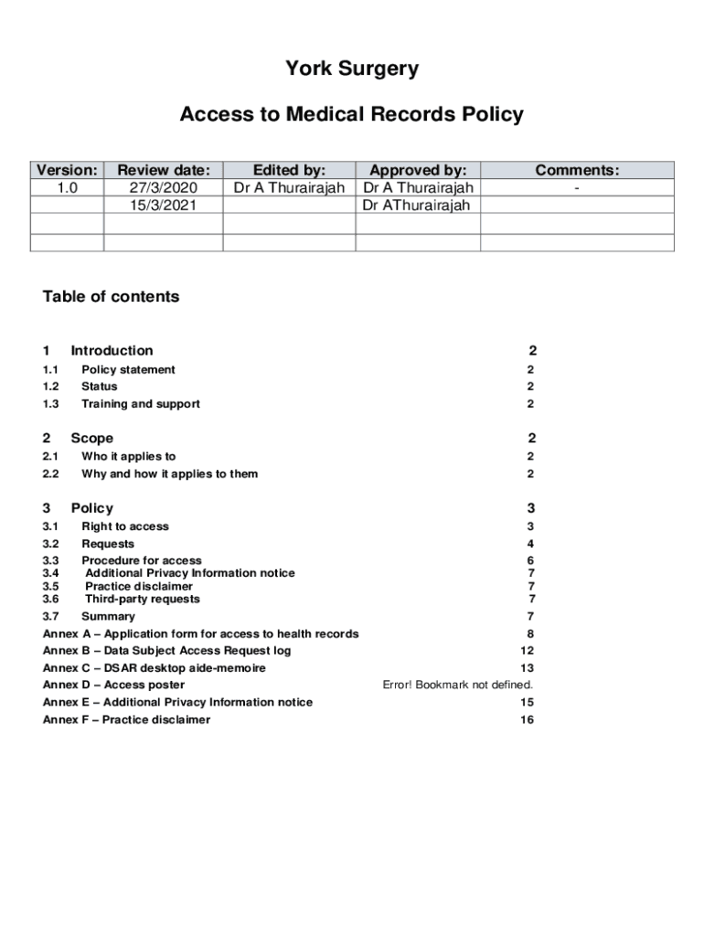 Fillable Online Access to Medical records policy Barrow Health Centre