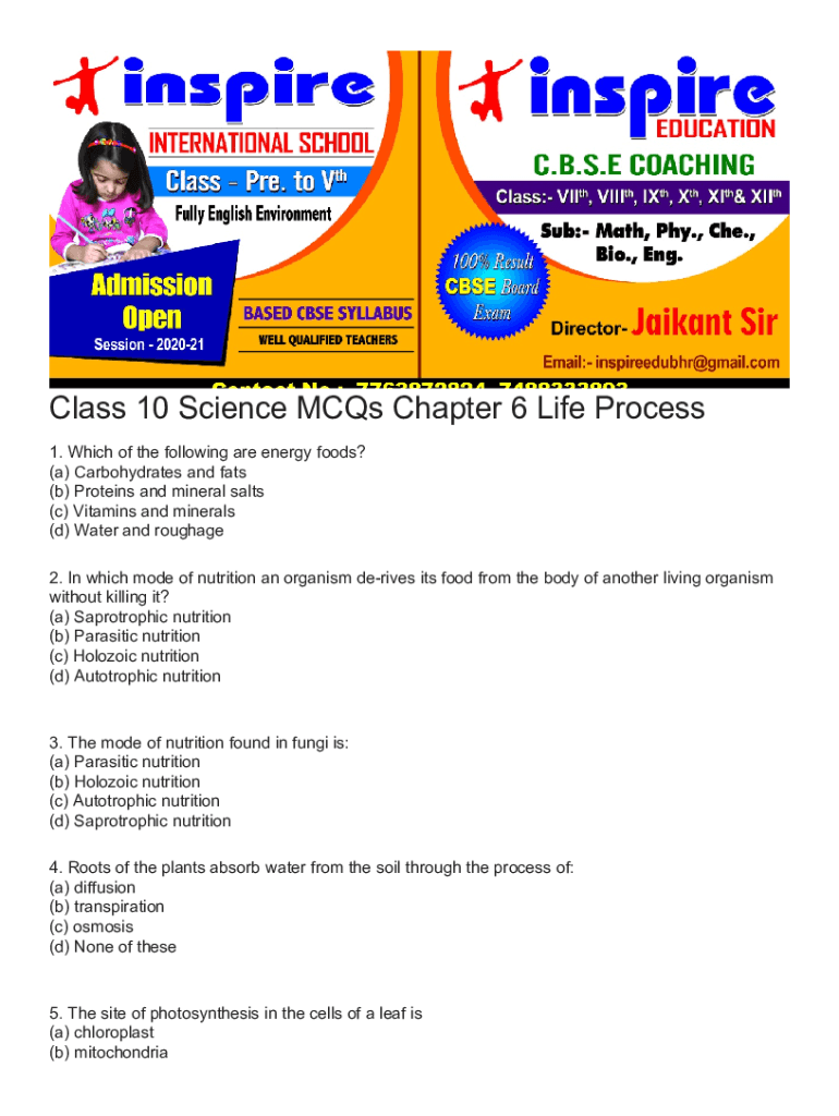 Fillable Online MCQ Questions for Class 10 Science Life Process with