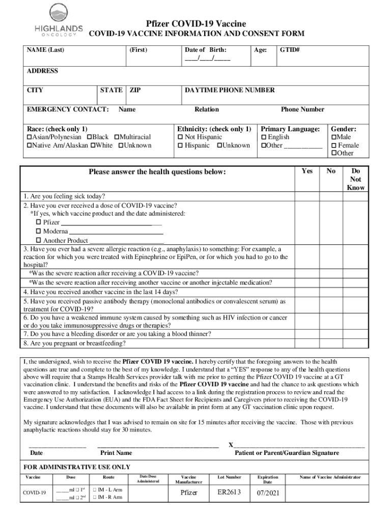 Fillable Online Covid19 Vaccine Consent Form Cherry Creek Pediatrics