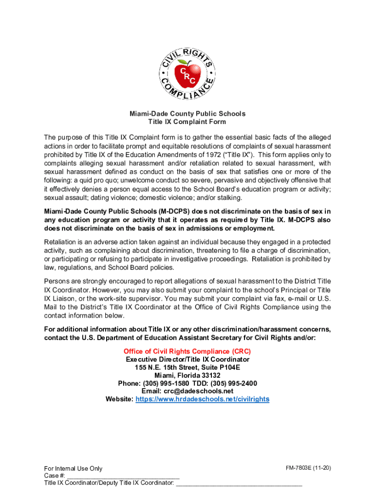 Completable En línea MiamiDade County Public Schools Title IX Complaint Form Fax Email Imprimir