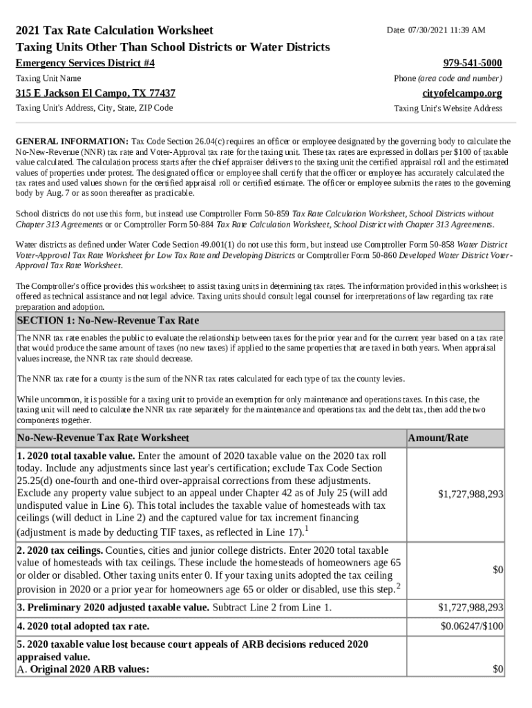 Fillable Online 2021 Tax Rate Calculation Worksheets Tarrant County